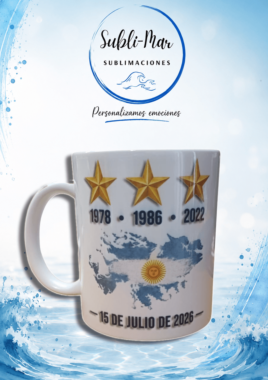 Taza de cerámica personalizada con diseño exclusivo Malvinas Argentinas realizada mediante sublimación por Subli-Mar.