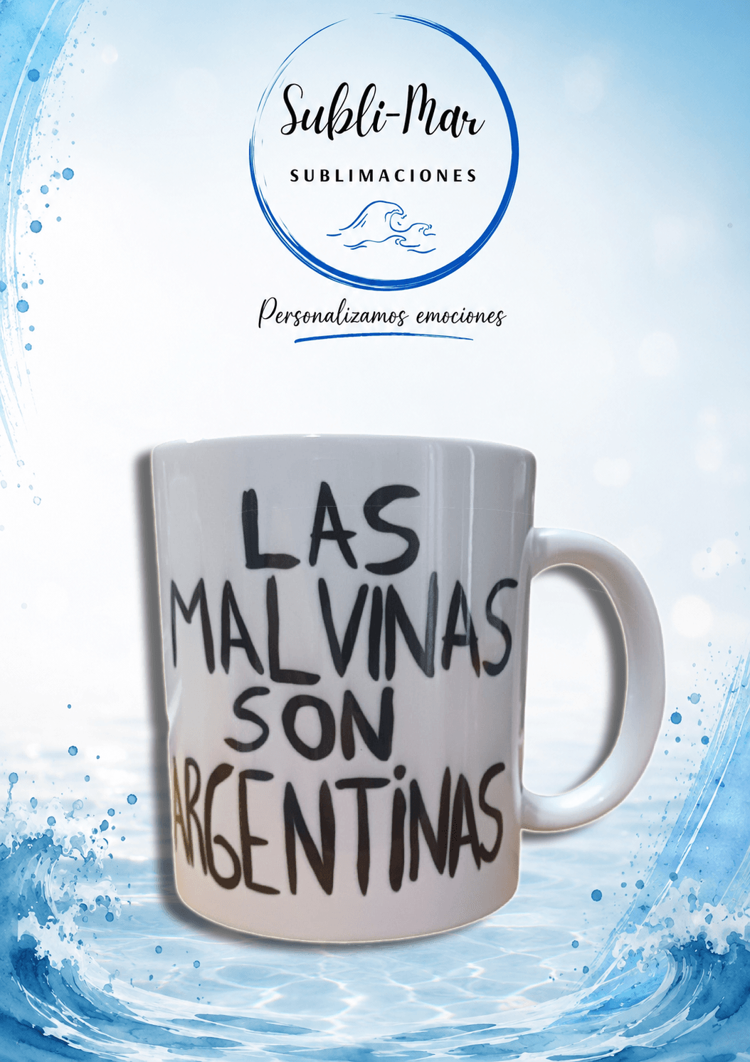 Jarro chopp vidrio esmerilado personalizad con diseño exclusivo Malvinas Argentinas realizada mediante sublimación por Subli-Mar.