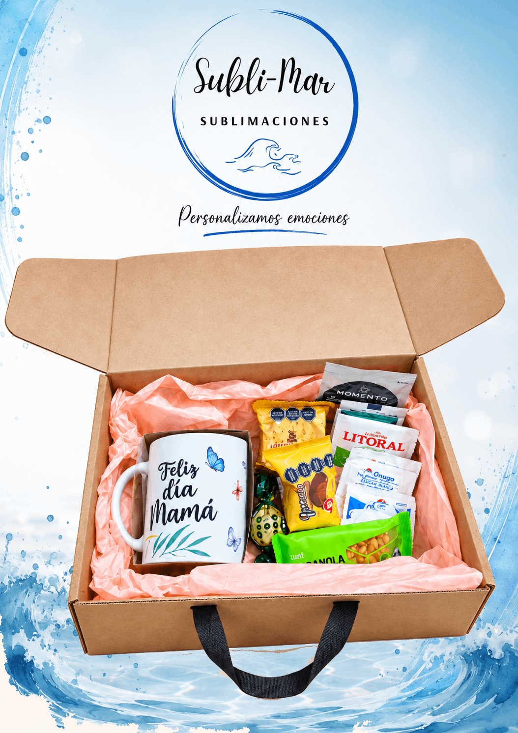 Caja abierta de regalo para el Día de la Madre con taza, infusiones y algo rico