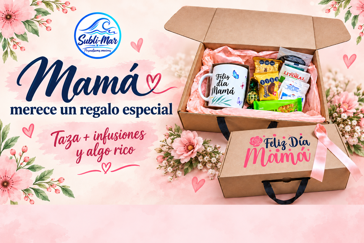 Caja de regalo para mamá con taza, infusiones y algo rico